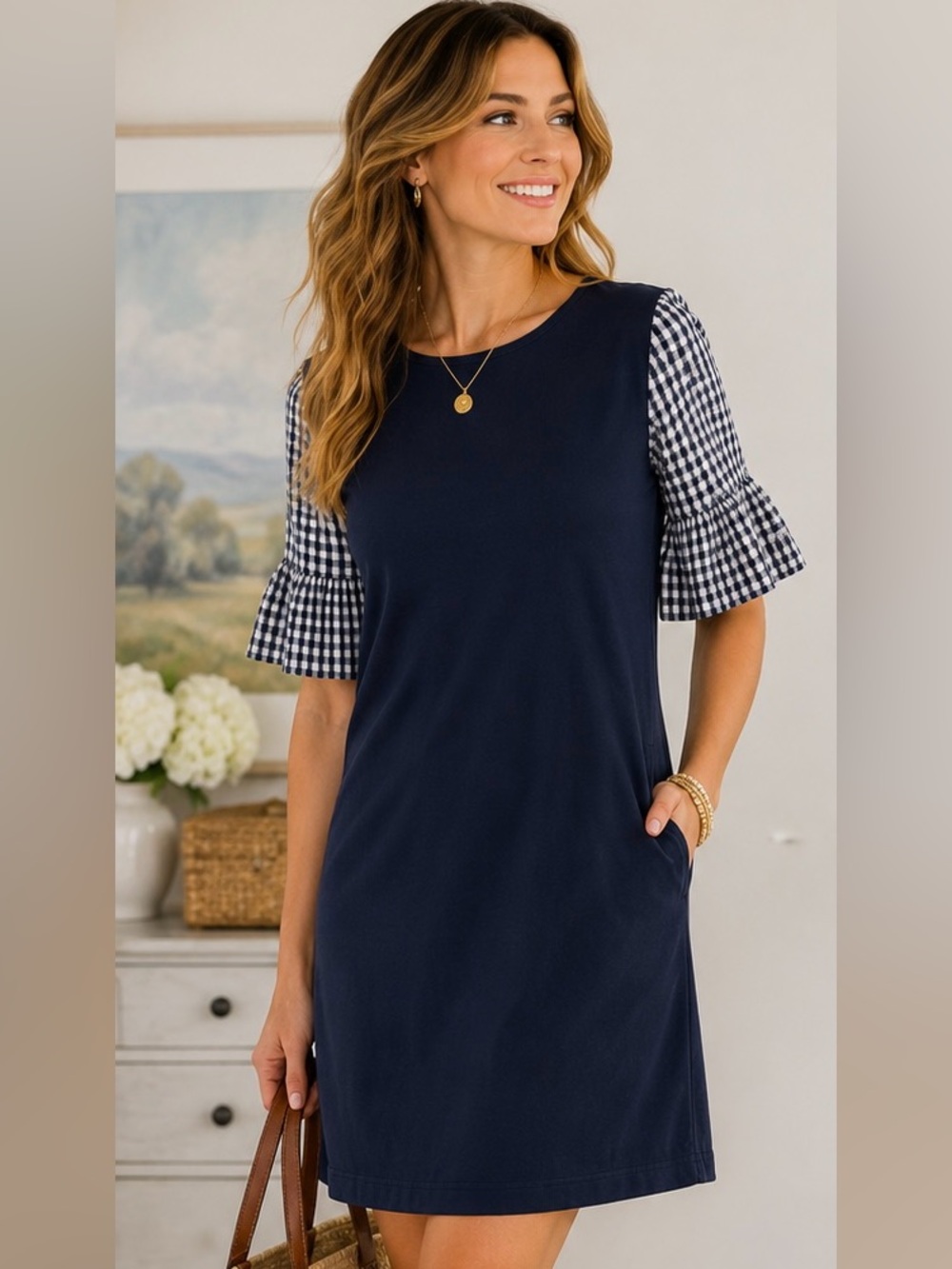 J.Crew Navy Shift Dress Gingham Bell Sleeve Coastal Preppy XS